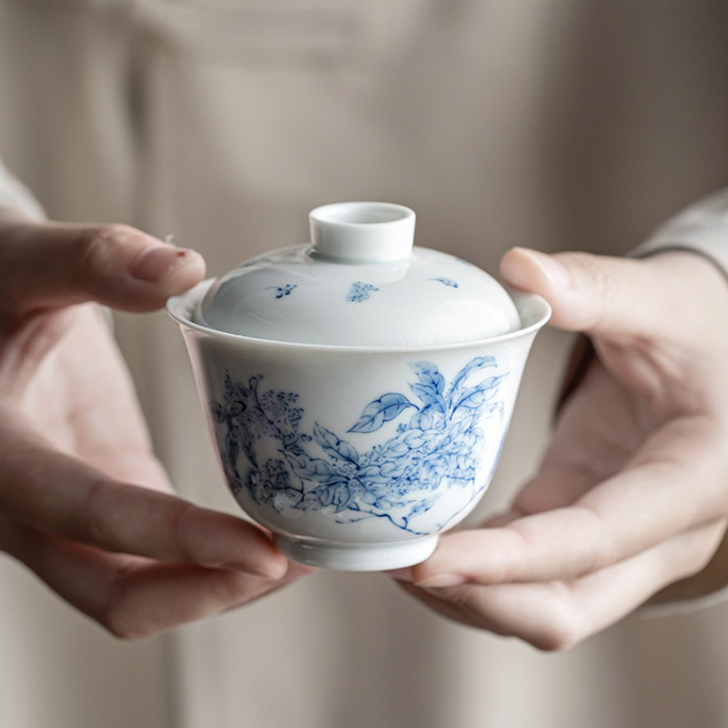 Gongfu Tea Set - العتيقة الأزرق الأبيض الخزف Gaiwan رسمت