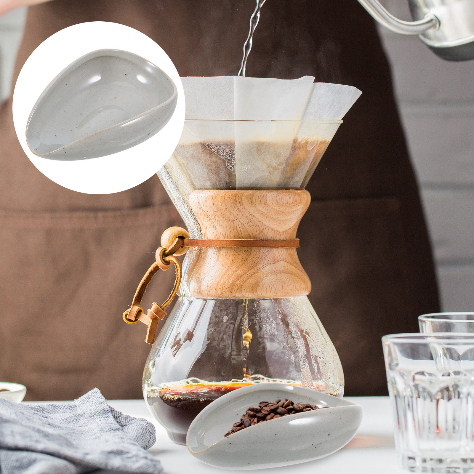 Coffee Tea And Bean Leaf - صينية سيراميك لحبوب القهوة، كوب قياس،