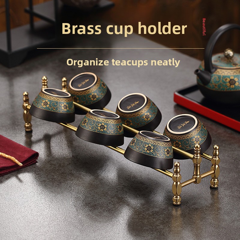 Gongfu Tea Set - حامل أكواب شاي نحاسي بتصميم بسيط،
