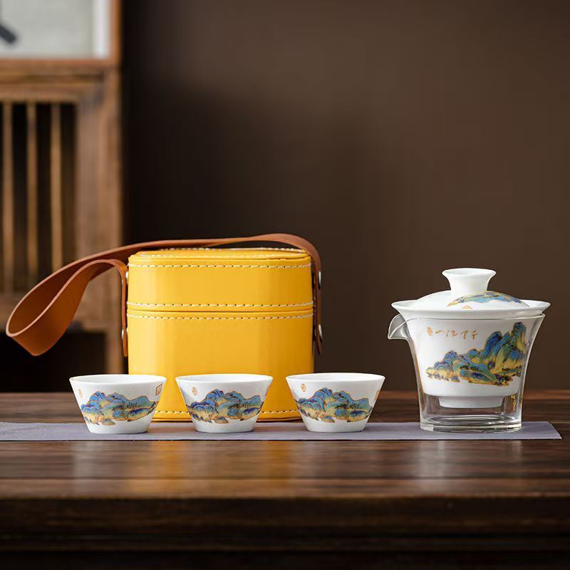 Gongfu Tea Set - طقم شاي من البورسلين الأبيض للسفر،